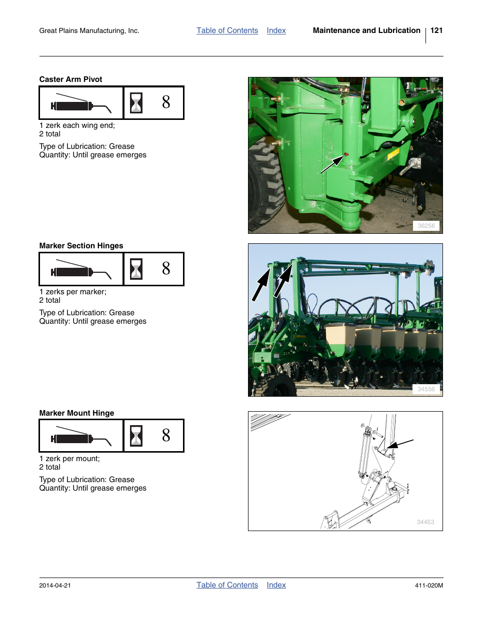 Caster arm pivot, Marker section hinges, Marker mount hinge | Great Plains 1625AHL Operator Manual User Manual | Page 125 / 176