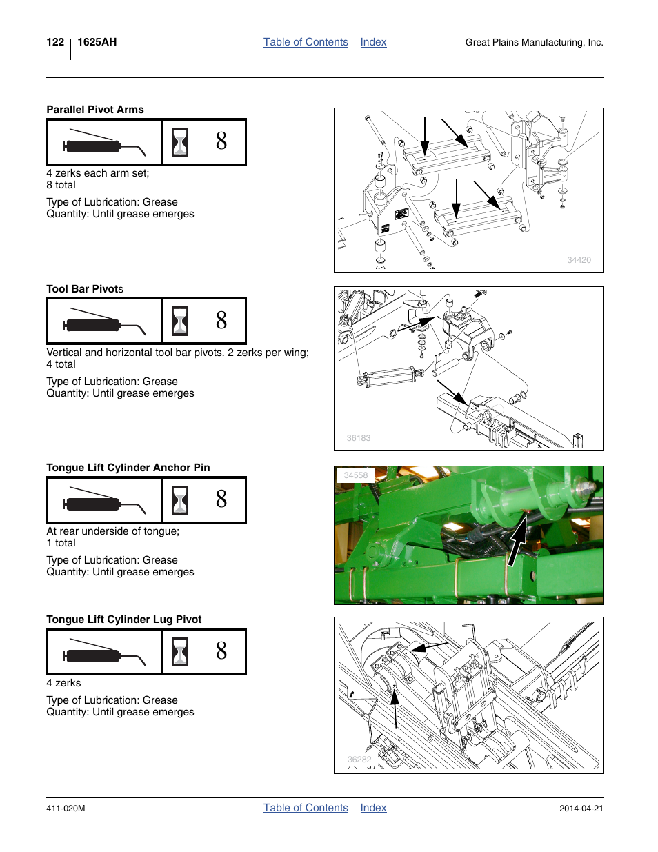 Parallel pivot arms, Tool bar pivots, Tongue lift cylinder anchor pin | Tongue lift cylinder lug pivot | Great Plains 1625AHL Operator Manual User Manual | Page 126 / 176