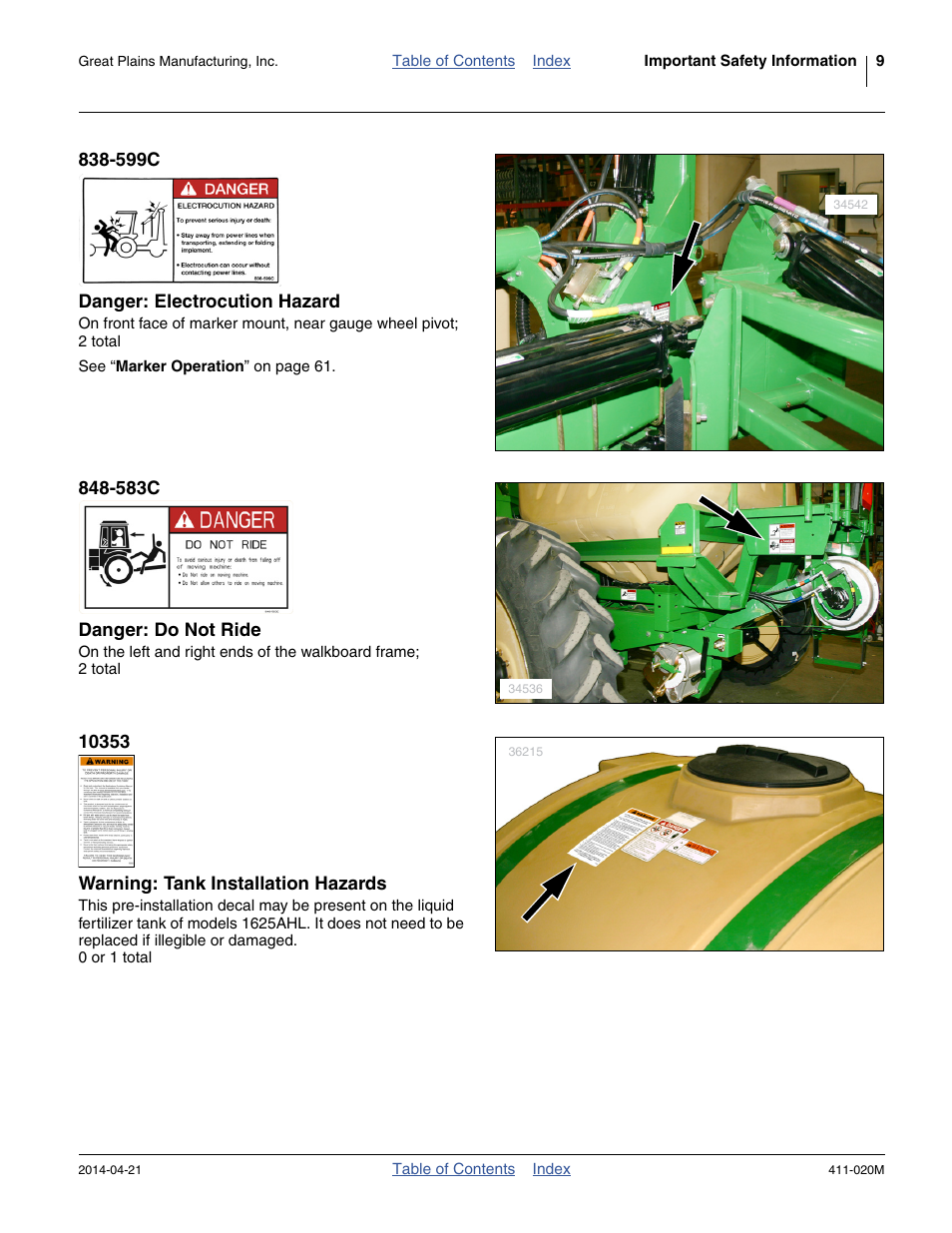 599c danger: electrocution hazard, 583c danger: do not ride, 10353 warning: tank installation hazards | Great Plains 1625AHL Operator Manual User Manual | Page 13 / 176