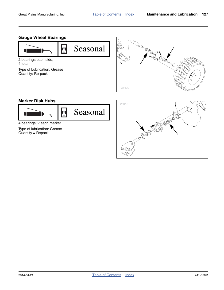 Gauge wheel bearings, Marker disk hubs, Seasonal | Great Plains 1625AHL Operator Manual User Manual | Page 131 / 176