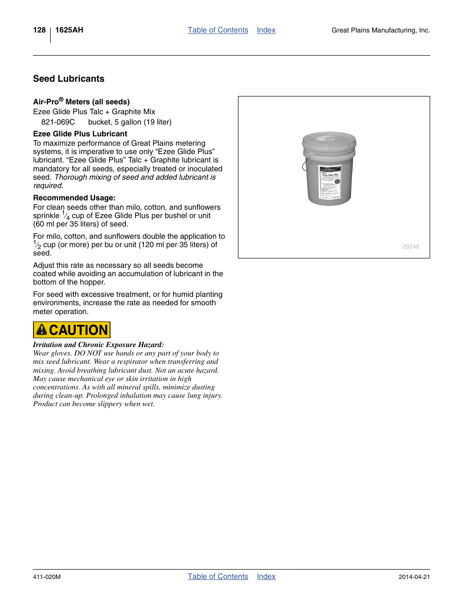 Seed lubricants, Air-pro® meters (all seeds), Ezee glide plus talc + graphite mix | Ezee glide plus lubricant | Great Plains 1625AHL Operator Manual User Manual | Page 132 / 176