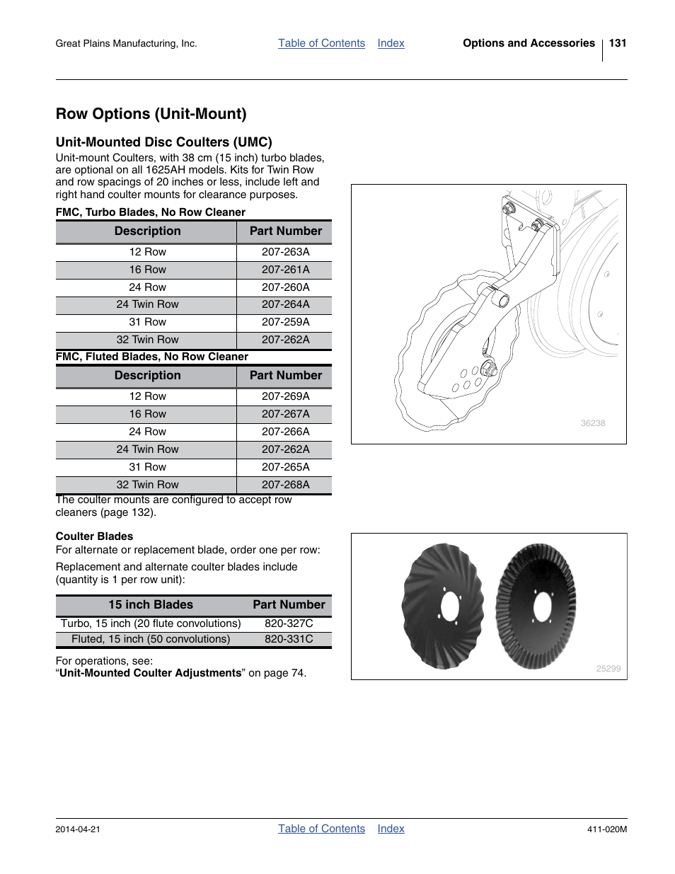 Row options (unit-mount), Unit-mounted disc coulters (umc), Fmc, turbo blades, no row cleaner | Fmc, fluted blades, no row cleaner, Coulter blades | Great Plains 1625AHL Operator Manual User Manual | Page 135 / 176