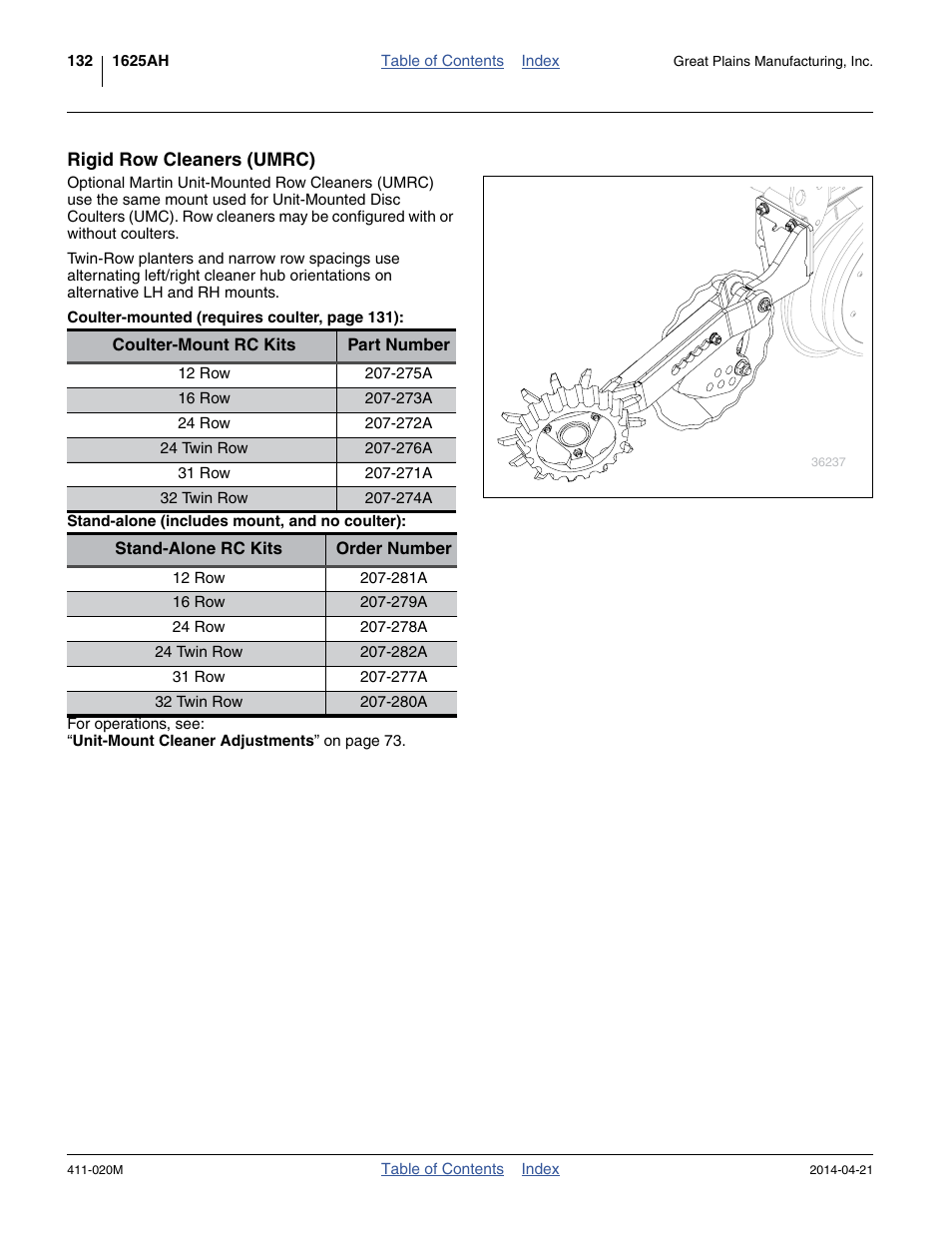 Rigid row cleaners (umrc), Stand-alone (includes mount, and no coulter) | Great Plains 1625AHL Operator Manual User Manual | Page 136 / 176