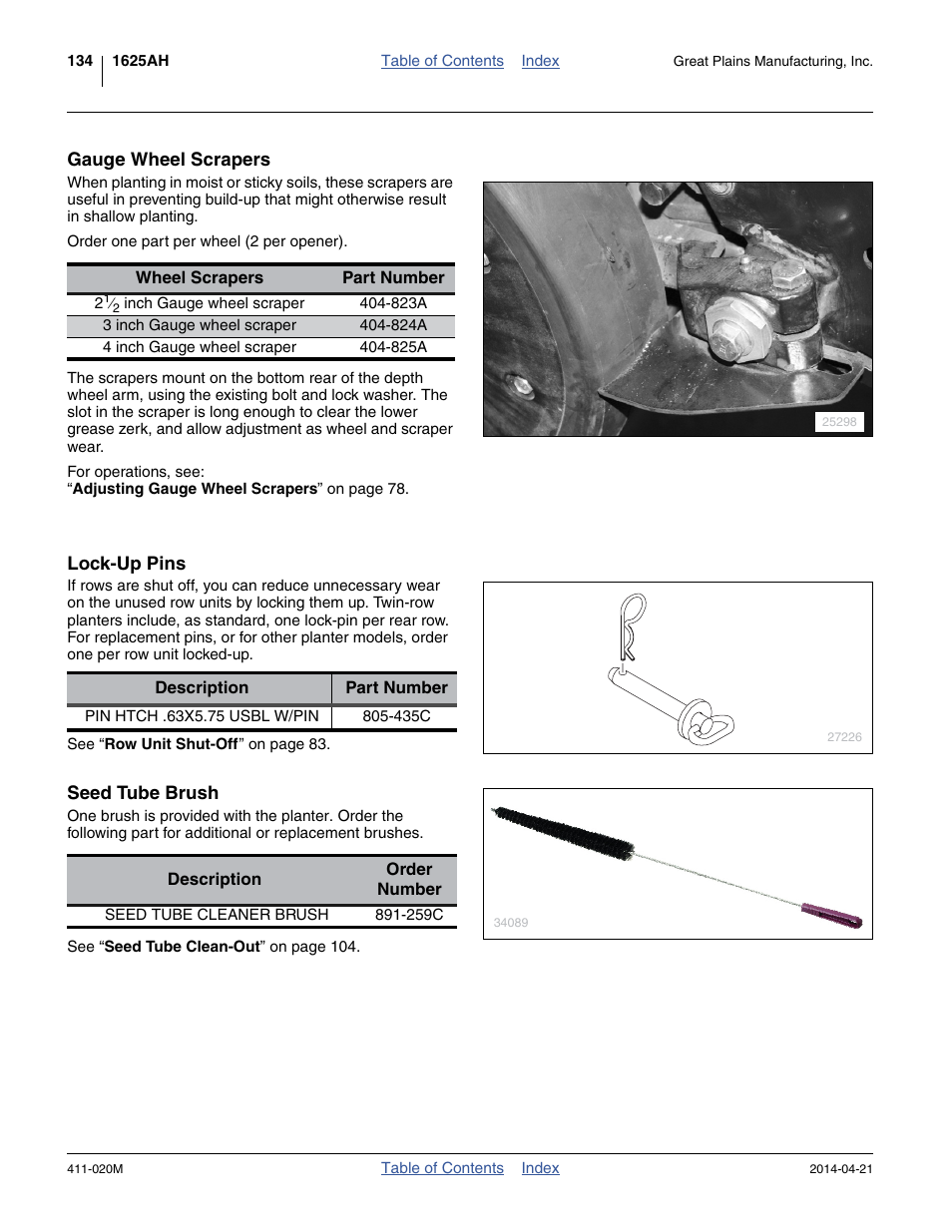 Gauge wheel scrapers, Lock-up pins, Seed tube brush | Great Plains 1625AHL Operator Manual User Manual | Page 138 / 176