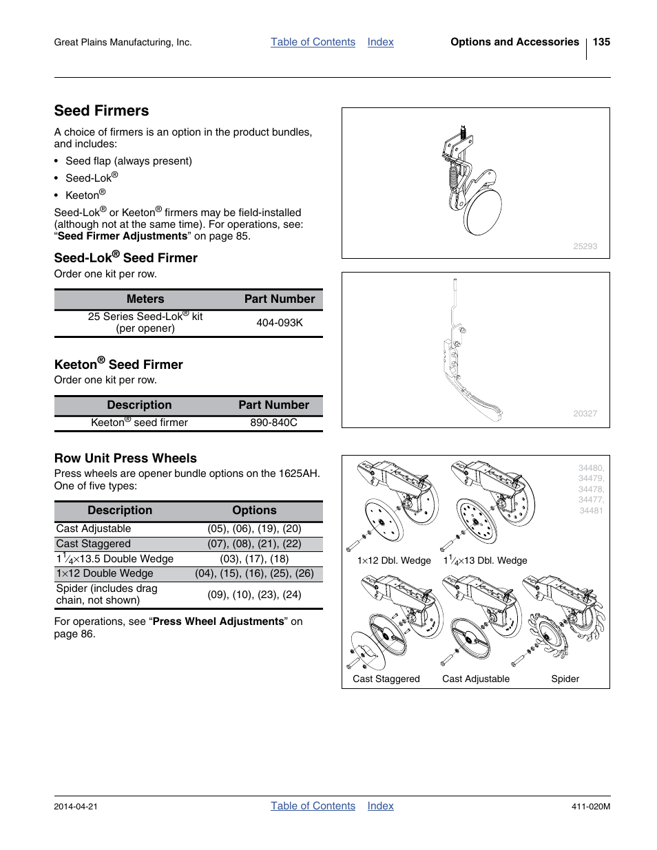 Seed firmers, Seed-lok® seed firmer, Keeton® seed firmer | Row unit press wheels | Great Plains 1625AHL Operator Manual User Manual | Page 139 / 176