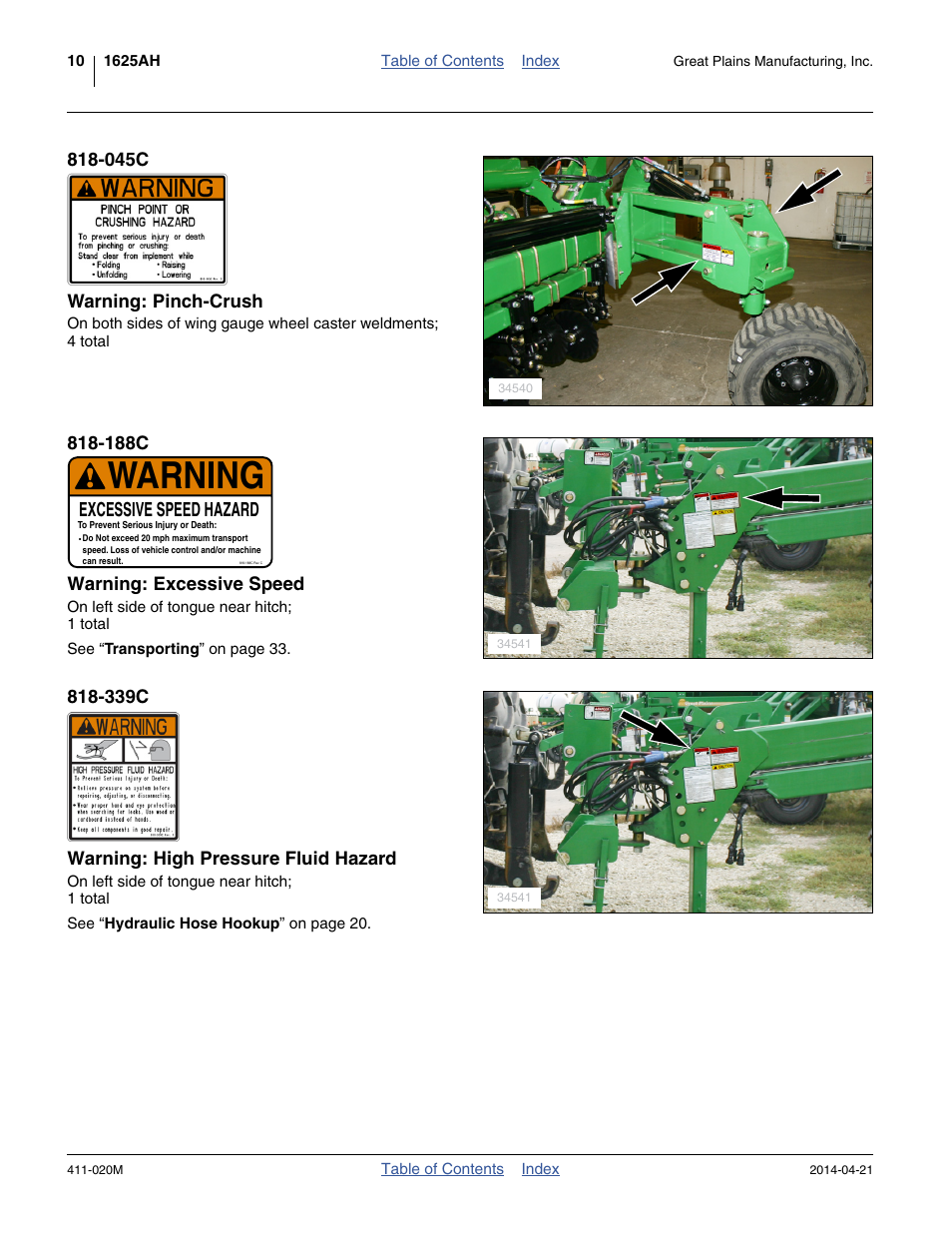 045c warning: pinch-crush, 188c warning: excessive speed, 339c warning: high pressure fluid hazard | Warning, Excessive speed hazard | Great Plains 1625AHL Operator Manual User Manual | Page 14 / 176