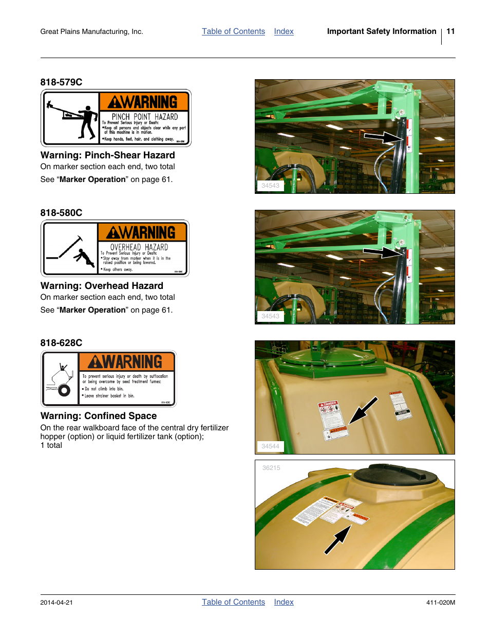 579c warning: pinch-shear hazard, 580c warning: overhead hazard, 628c warning: confined space | Great Plains 1625AHL Operator Manual User Manual | Page 15 / 176