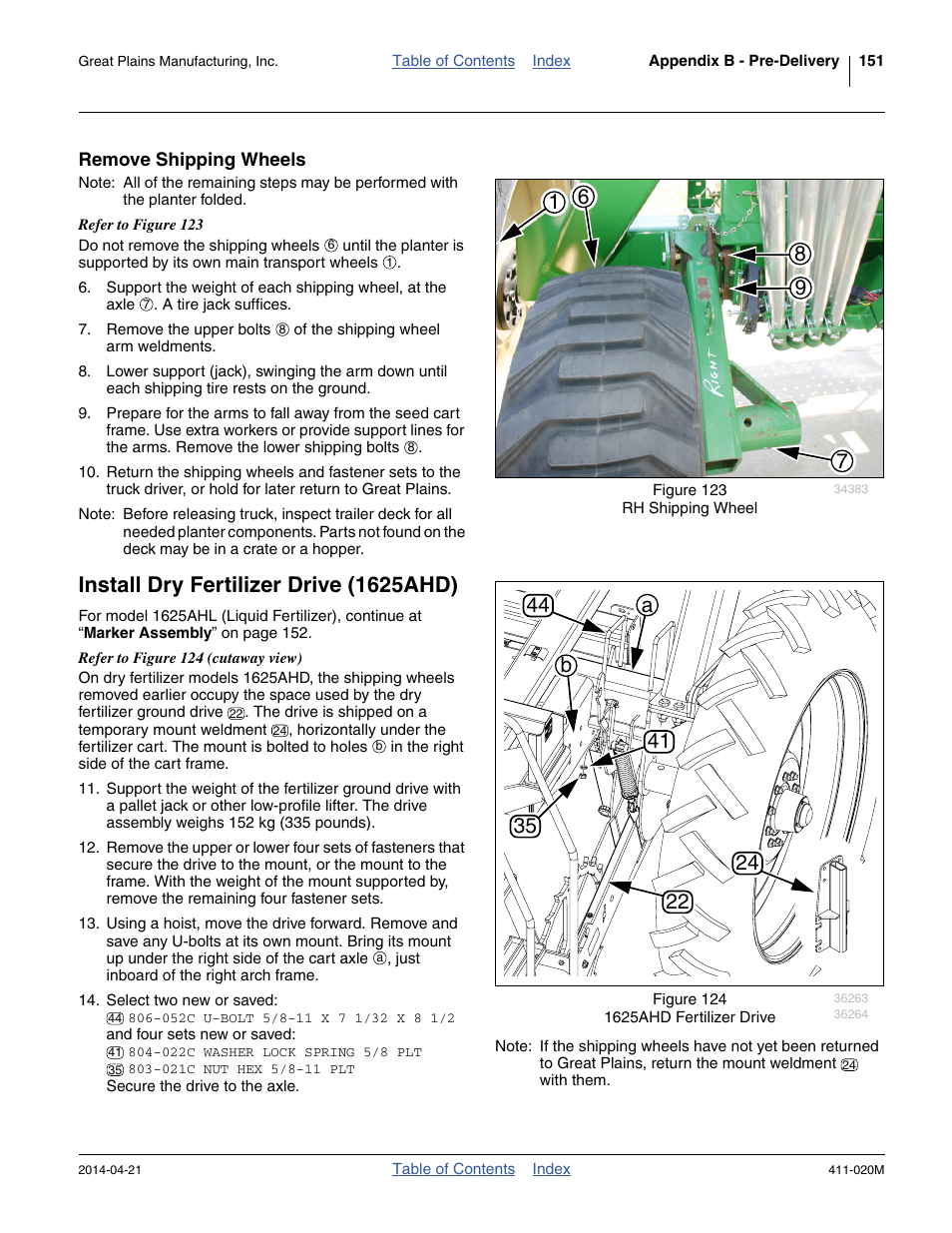 Remove shipping wheels, Install dry fertilizer drive (1625ahd) | Great Plains 1625AHL Operator Manual User Manual | Page 155 / 176