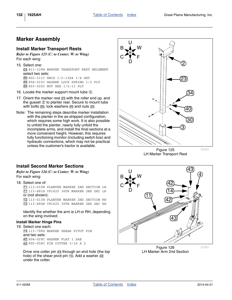 Marker assembly, Install marker transport rests, Install second marker sections | Install marker hinge pins | Great Plains 1625AHL Operator Manual User Manual | Page 156 / 176