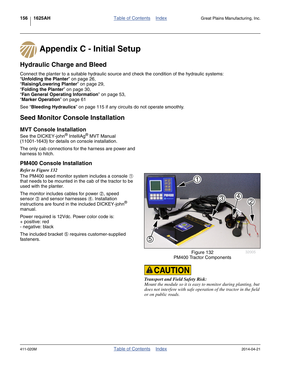 Appendix c - initial setup, Hydraulic charge and bleed, Seed monitor console installation | Mvt console installation, Pm400 console installation | Great Plains 1625AHL Operator Manual User Manual | Page 160 / 176