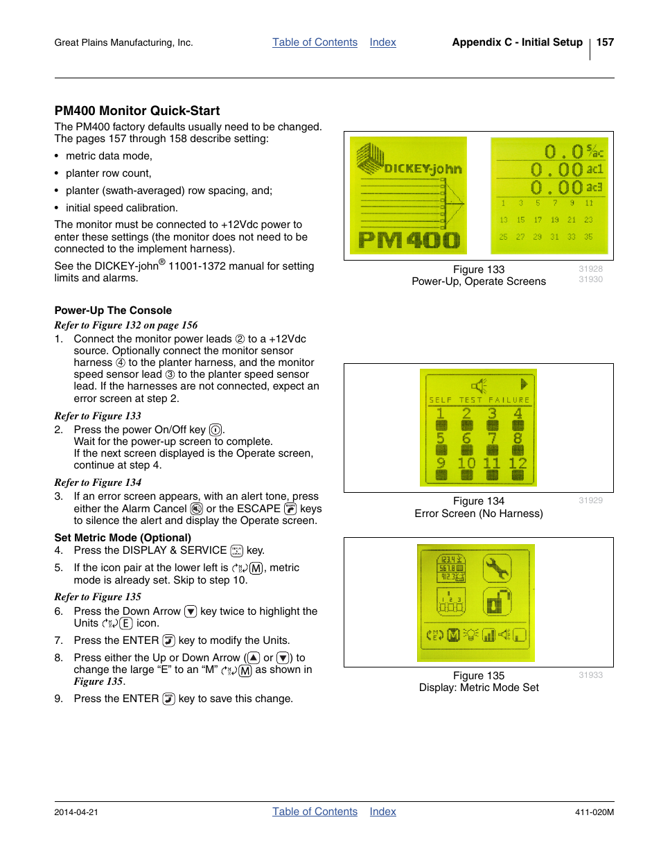 Pm400 monitor quick-start, Power-up the console, Set metric mode (optional) | Great Plains 1625AHL Operator Manual User Manual | Page 161 / 176
