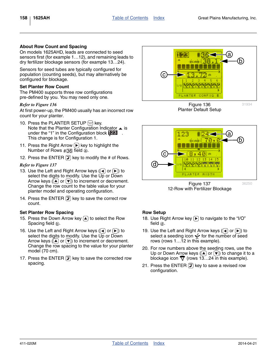 About row count and spacing, Set planter row count, Set planter row spacing | Row setup, Ab c, Ab c d | Great Plains 1625AHL Operator Manual User Manual | Page 162 / 176