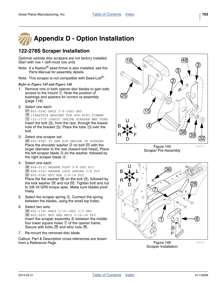 Appendix d - option installation, 278s scraper installation | Great Plains 1625AHL Operator Manual User Manual | Page 167 / 176