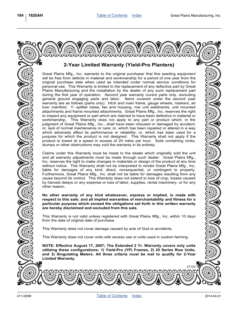 Warranty, Year limited warranty (yield-pro planters) | Great Plains 1625AHL Operator Manual User Manual | Page 168 / 176