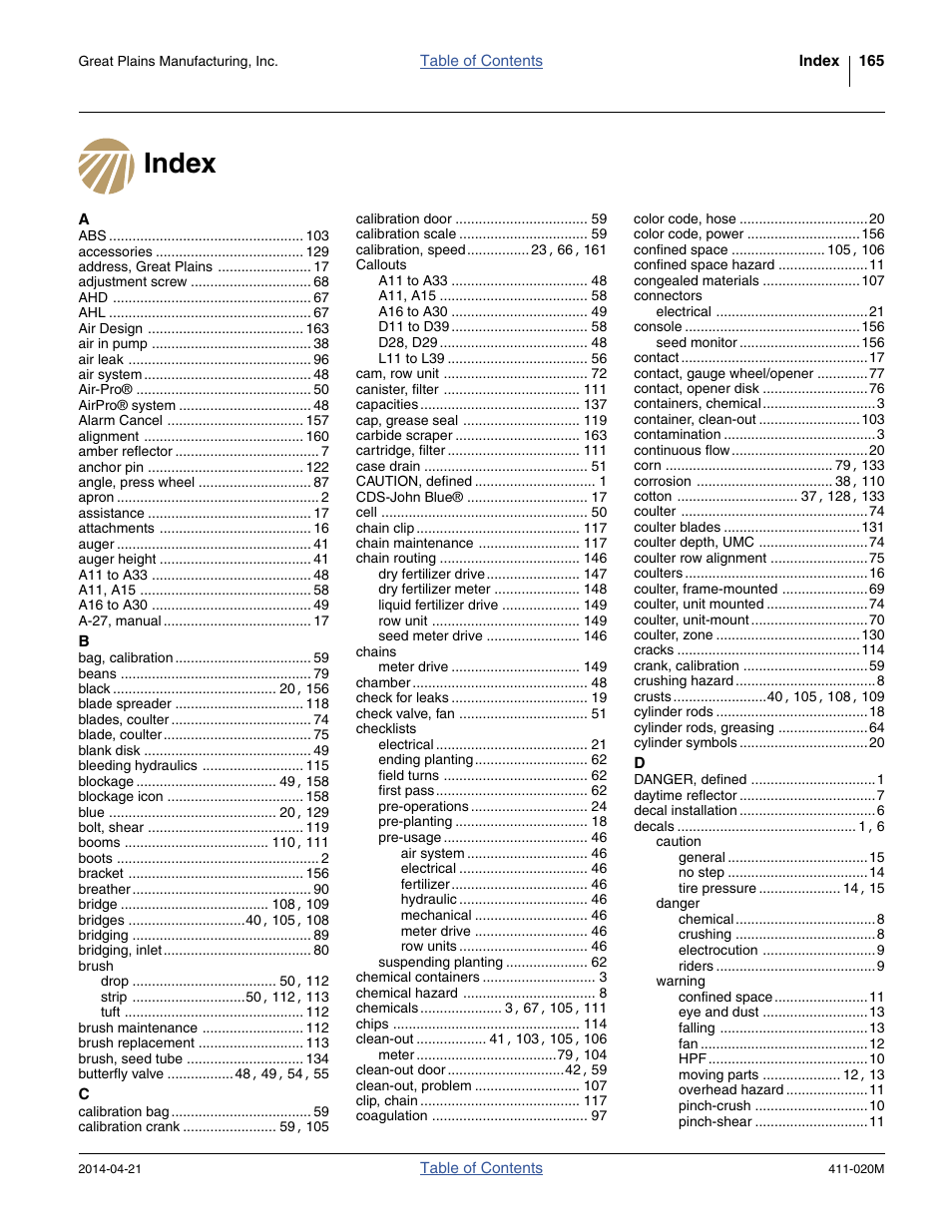 Index | Great Plains 1625AHL Operator Manual User Manual | Page 169 / 176