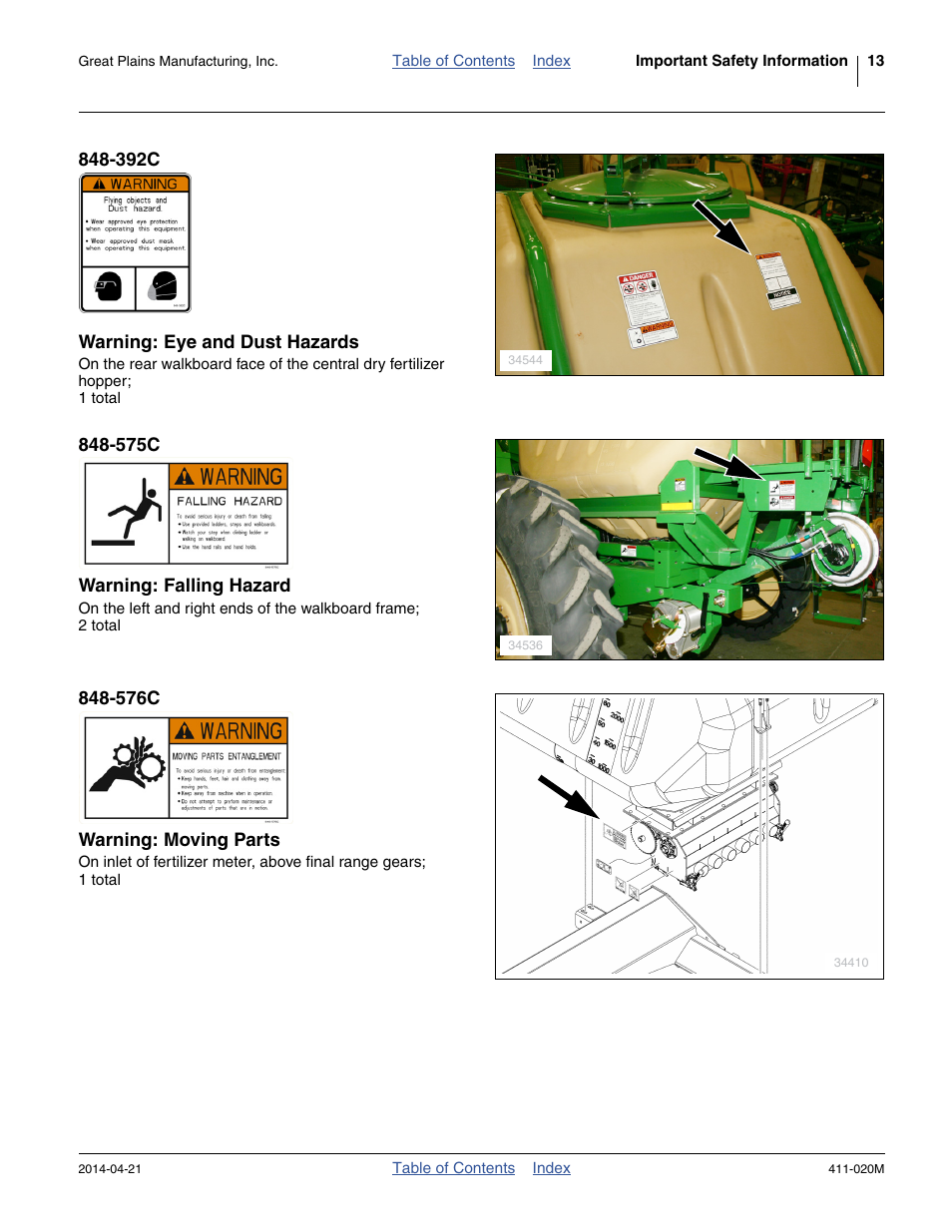 392c warning: eye and dust hazards, 575c warning: falling hazard, 576c warning: moving parts | Great Plains 1625AHL Operator Manual User Manual | Page 17 / 176