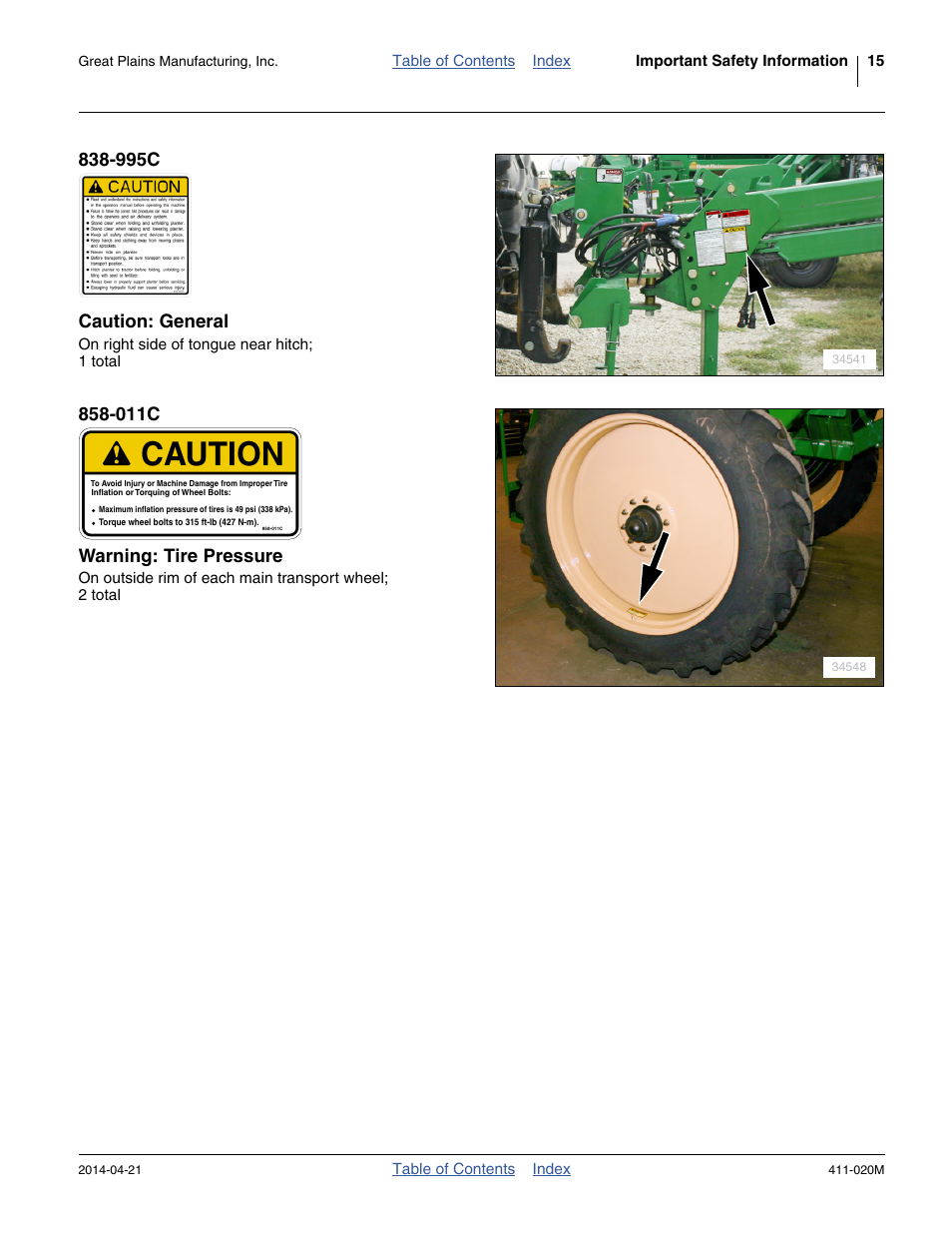 995c caution: general, 011c warning: tire pressure, Caution | Great Plains 1625AHL Operator Manual User Manual | Page 19 / 176