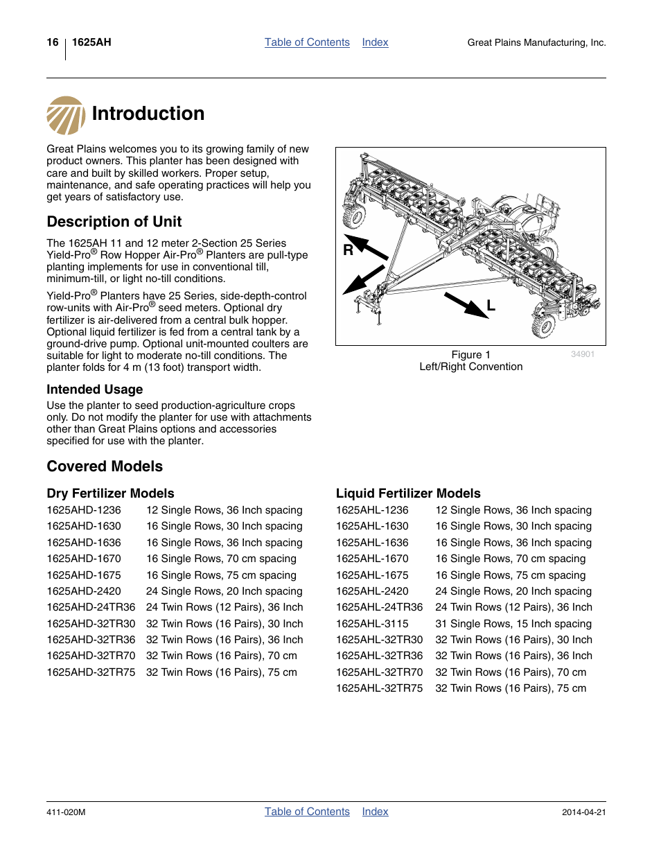 Introduction, Description of unit, Intended usage | Covered models, Dry fertilizer models, Liquid fertilizer models, Introduction description of unit | Great Plains 1625AHL Operator Manual User Manual | Page 20 / 176