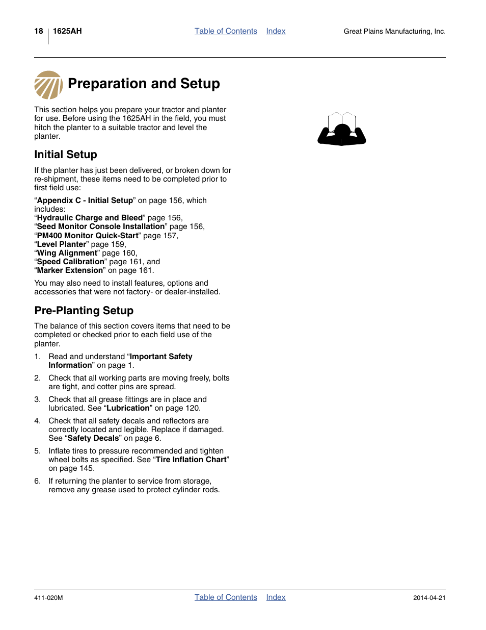 Preparation and setup, Initial setup, Pre-planting setup | Great Plains 1625AHL Operator Manual User Manual | Page 22 / 176