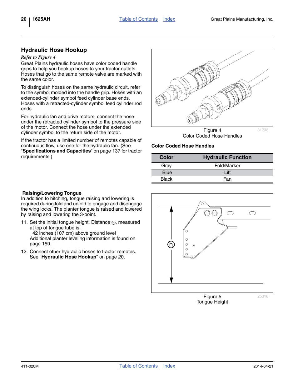 Hydraulic hose hookup, Color coded hose handles, Raising/lowering tongue | Great Plains 1625AHL Operator Manual User Manual | Page 24 / 176