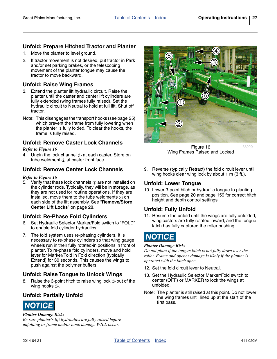 Unfold: prepare hitched tractor and planter, Unfold: raise wing frames, Unfold: remove caster lock channels | Unfold: remove center lock channels, Unfold: re-phase fold cylinders, Unfold: raise tongue to unlock wings, Unfold: partially unfold, Unfold: lower tongue, Unfold: fully unfold | Great Plains 1625AHL Operator Manual User Manual | Page 31 / 176