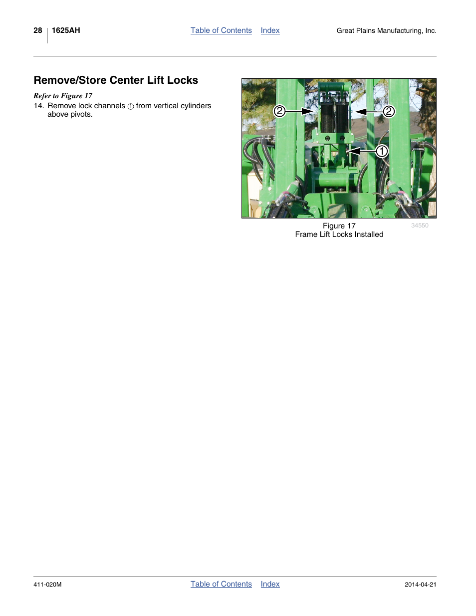 Remove/store center lift locks | Great Plains 1625AHL Operator Manual User Manual | Page 32 / 176