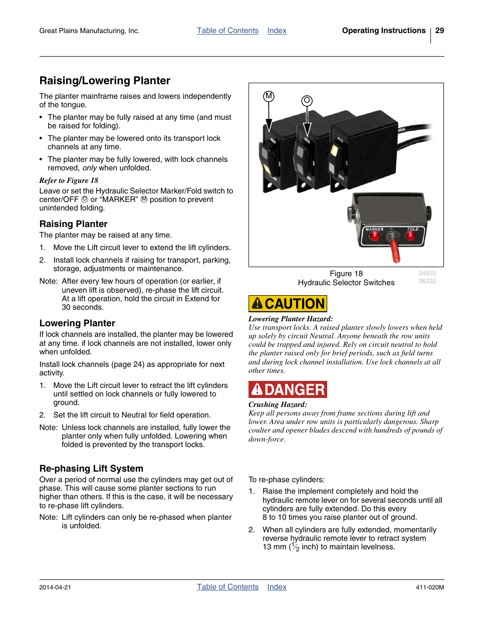 Raising/lowering planter, Raising planter, Lowering planter | Re-phasing lift system | Great Plains 1625AHL Operator Manual User Manual | Page 33 / 176