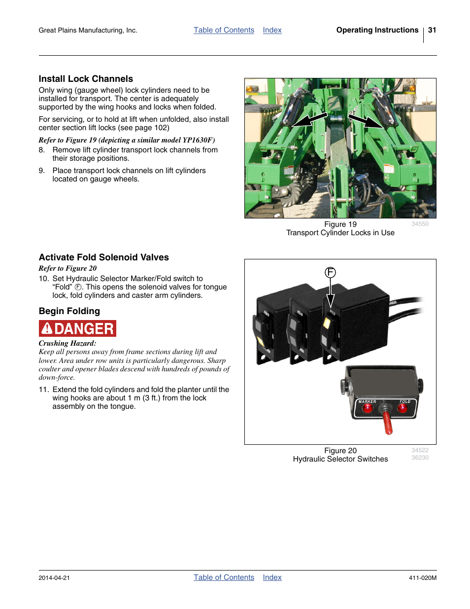 Install lock channels, Activate fold solenoid valves, Begin folding | Great Plains 1625AHL Operator Manual User Manual | Page 35 / 176