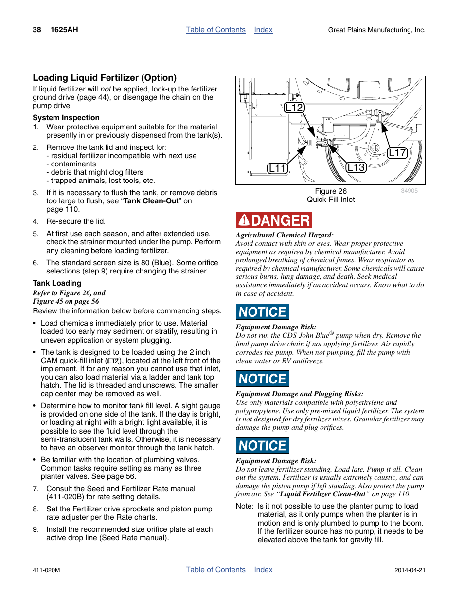 Loading liquid fertilizer (option), System inspection, Tank loading | Great Plains 1625AHL Operator Manual User Manual | Page 42 / 176