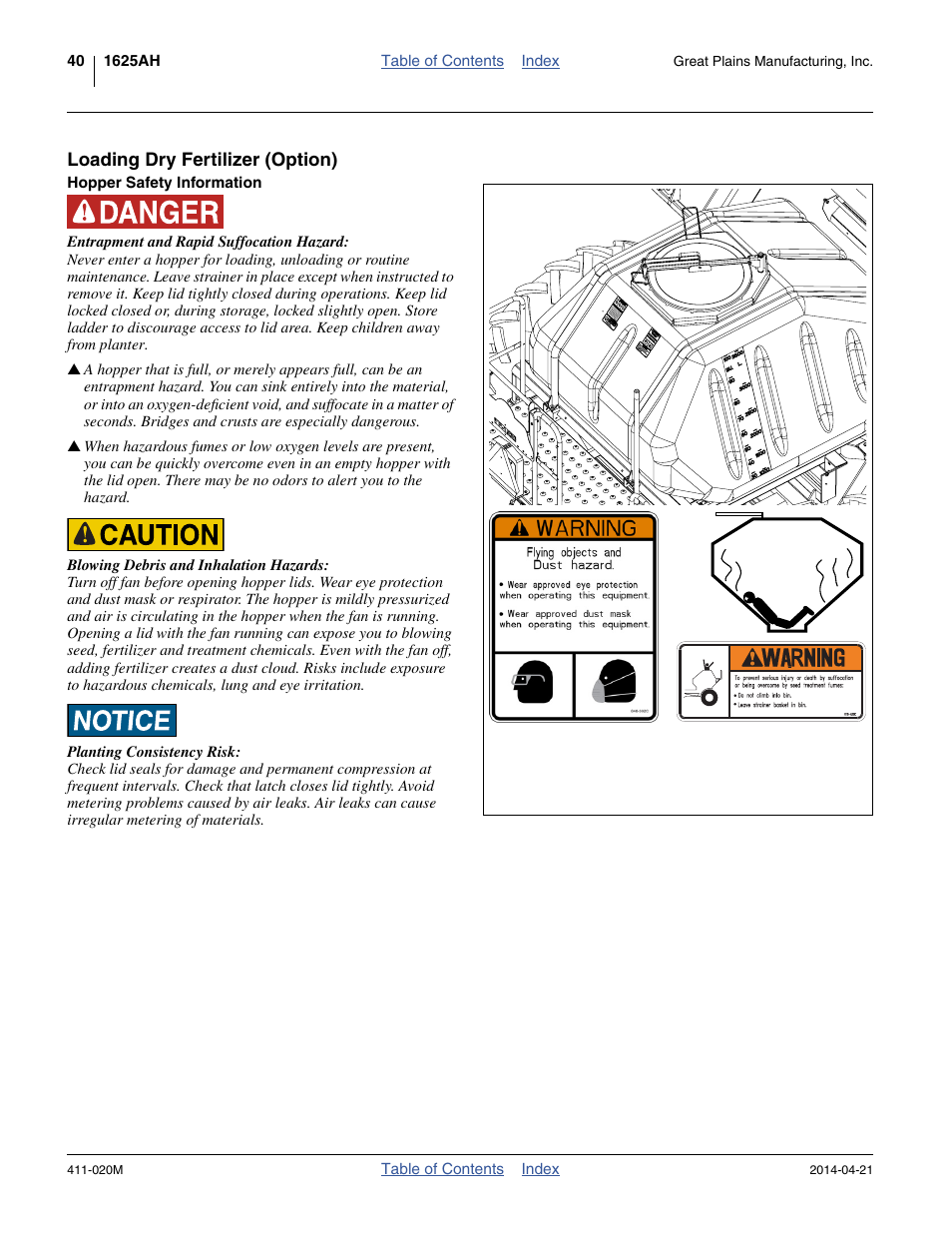 Loading dry fertilizer (option), Hopper safety information | Great Plains 1625AHL Operator Manual User Manual | Page 44 / 176