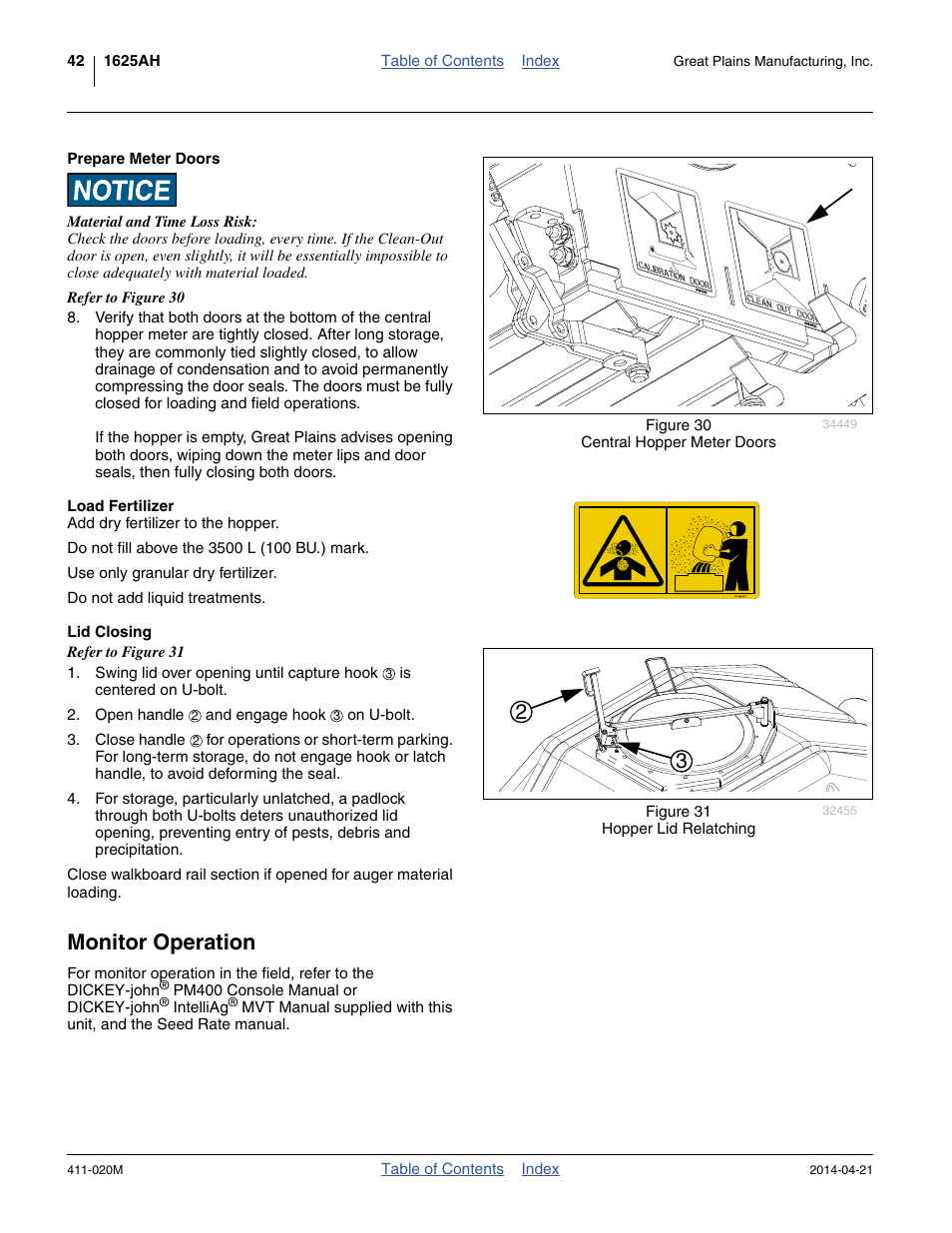 Prepare meter doors, Load fertilizer, Lid closing | Monitor operation | Great Plains 1625AHL Operator Manual User Manual | Page 46 / 176