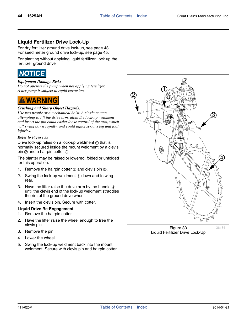 Liquid fertilizer drive lock-up, Liquid drive re-engagement | Great Plains 1625AHL Operator Manual User Manual | Page 48 / 176