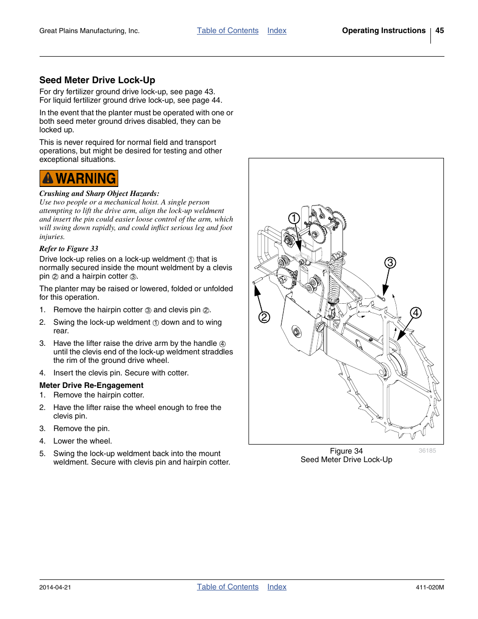 Seed meter drive lock-up, Meter drive re-engagement | Great Plains 1625AHL Operator Manual User Manual | Page 49 / 176