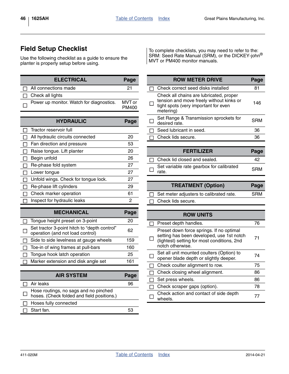Field setup checklist | Great Plains 1625AHL Operator Manual User Manual | Page 50 / 176