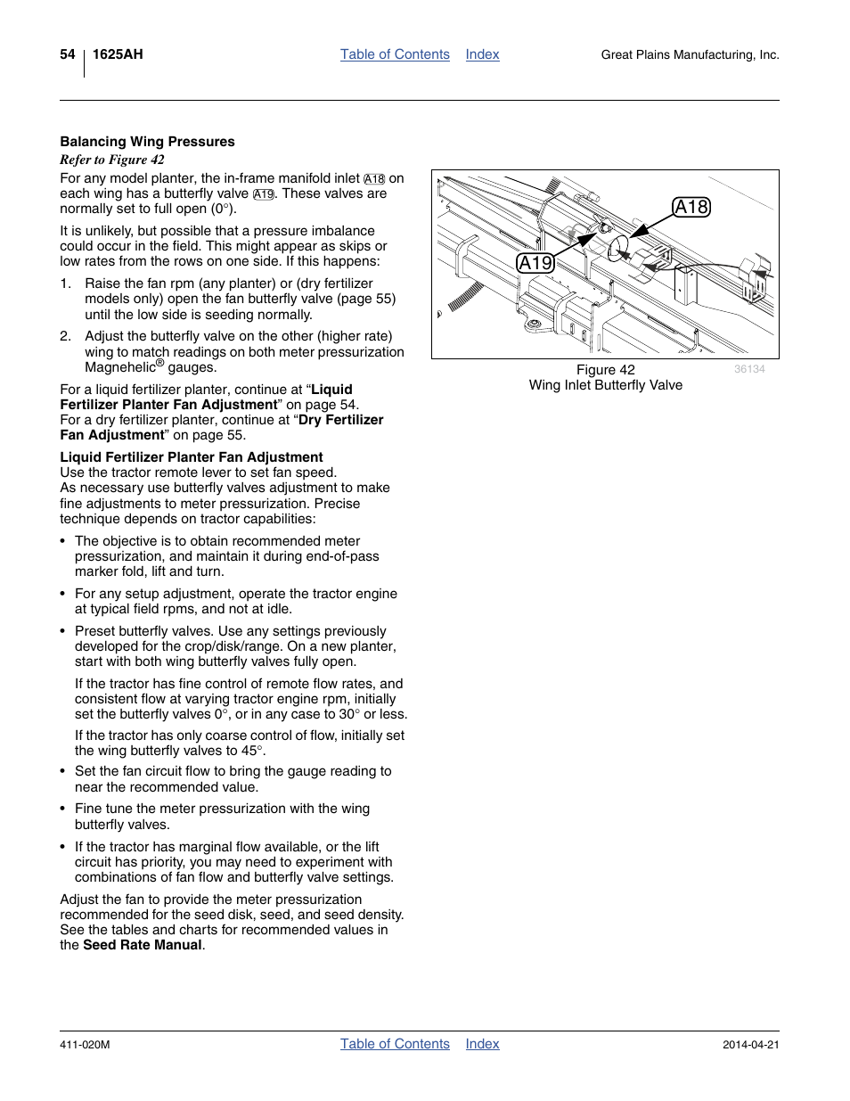 Balancing wing pressures, Liquid fertilizer planter fan adjustment, A19 a18 | Great Plains 1625AHL Operator Manual User Manual | Page 58 / 176