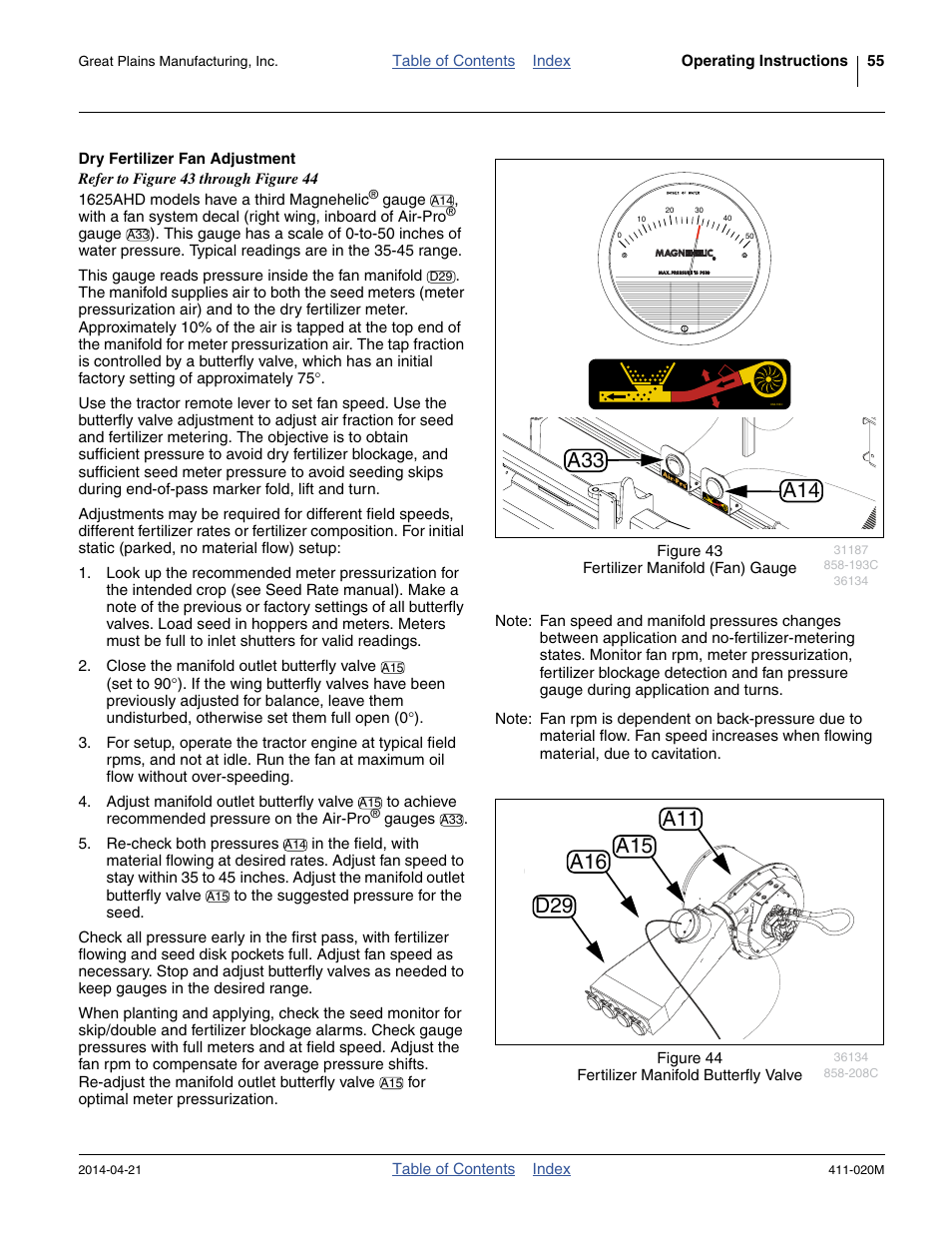 Dry fertilizer fan adjustment, A33 a14 | Great Plains 1625AHL Operator Manual User Manual | Page 59 / 176