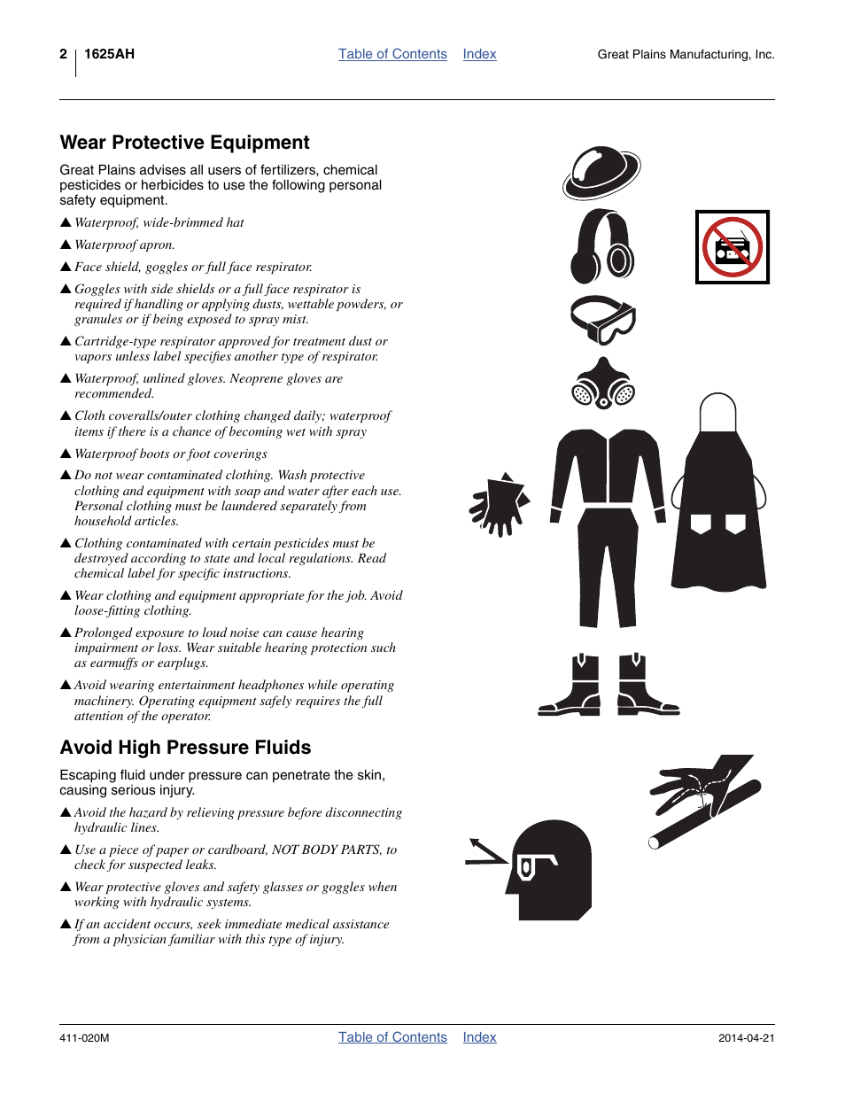 Wear protective equipment, Avoid high pressure fluids | Great Plains 1625AHL Operator Manual User Manual | Page 6 / 176