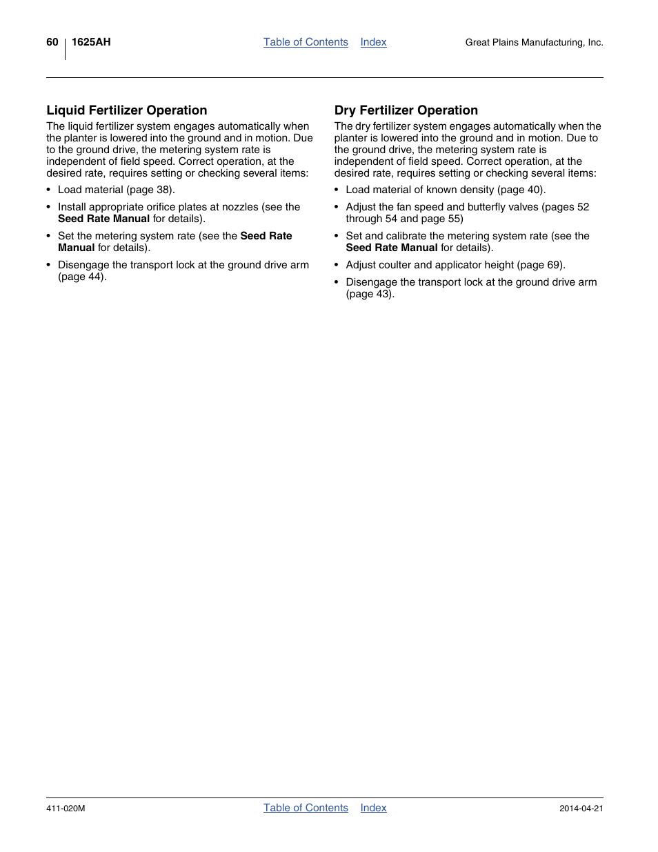 Liquid fertilizer operation, Dry fertilizer operation | Great Plains 1625AHL Operator Manual User Manual | Page 64 / 176