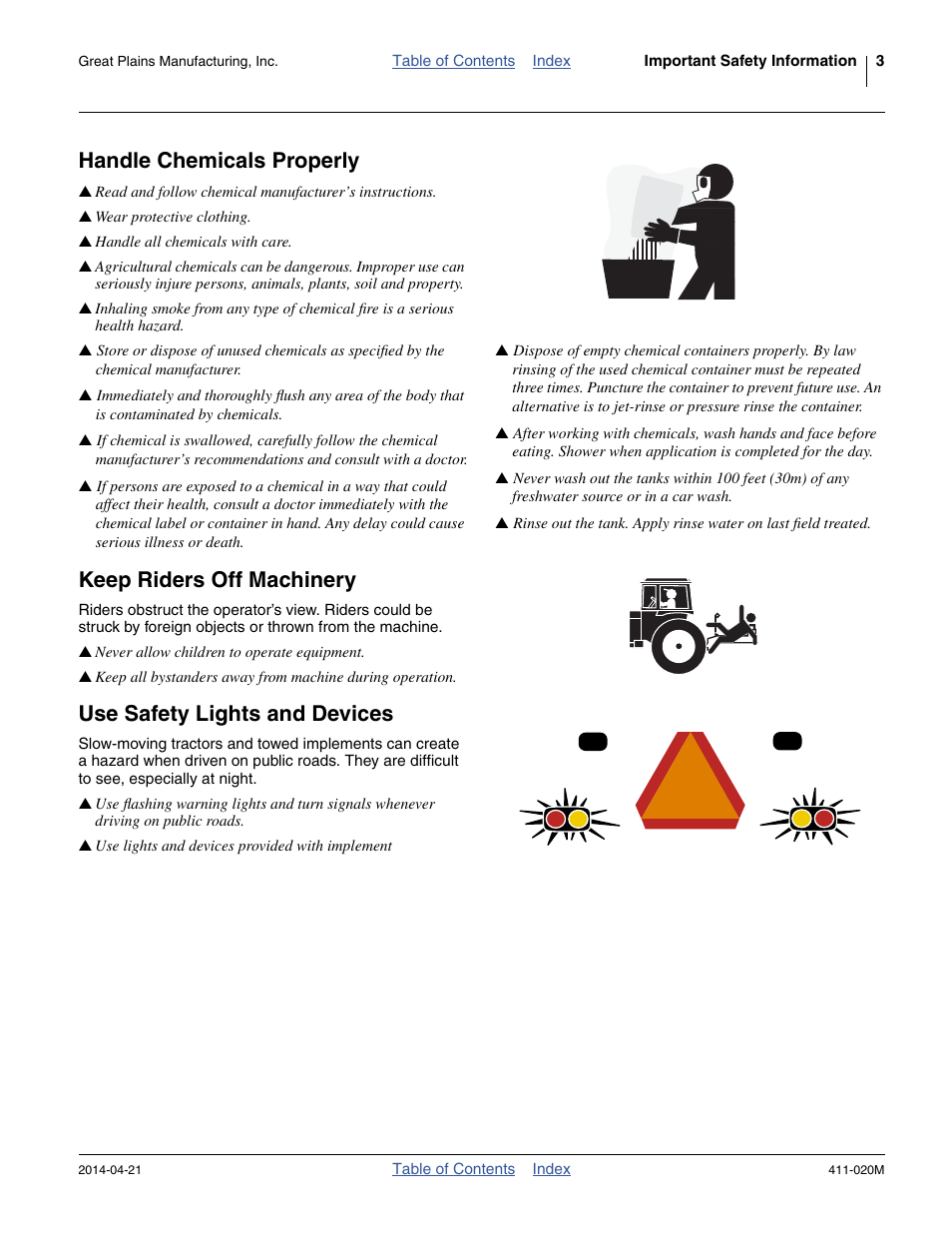 Handle chemicals properly, Keep riders off machinery, Use safety lights and devices | Great Plains 1625AHL Operator Manual User Manual | Page 7 / 176