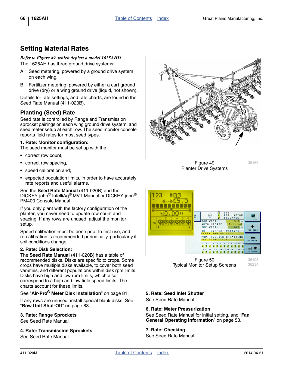 Setting material rates, Planting (seed) rate | Great Plains 1625AHL Operator Manual User Manual | Page 70 / 176