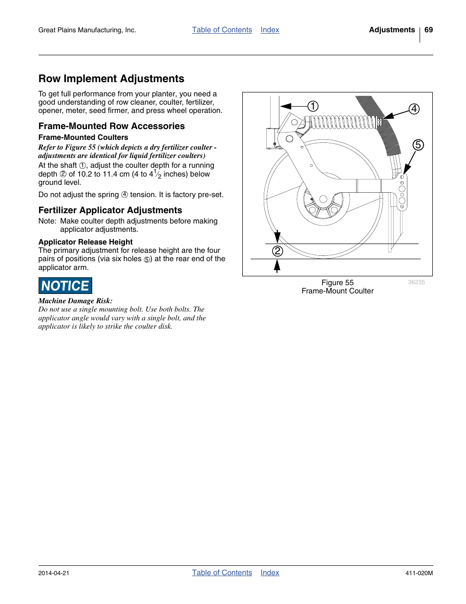 Row implement adjustments, Frame-mounted row accessories, Frame-mounted coulters | Fertilizer applicator adjustments, Applicator release height | Great Plains 1625AHL Operator Manual User Manual | Page 73 / 176