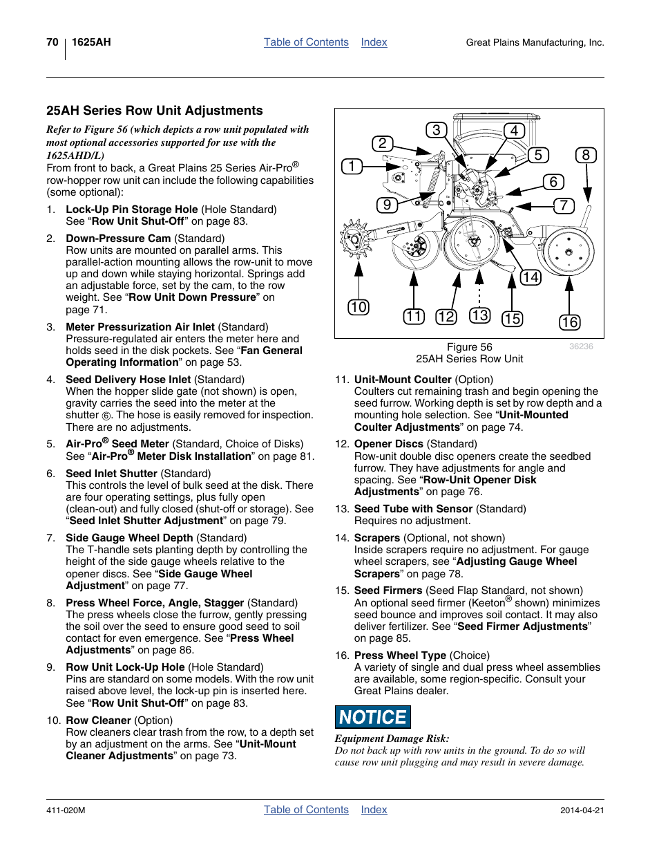 25ah series row unit adjustments | Great Plains 1625AHL Operator Manual User Manual | Page 74 / 176