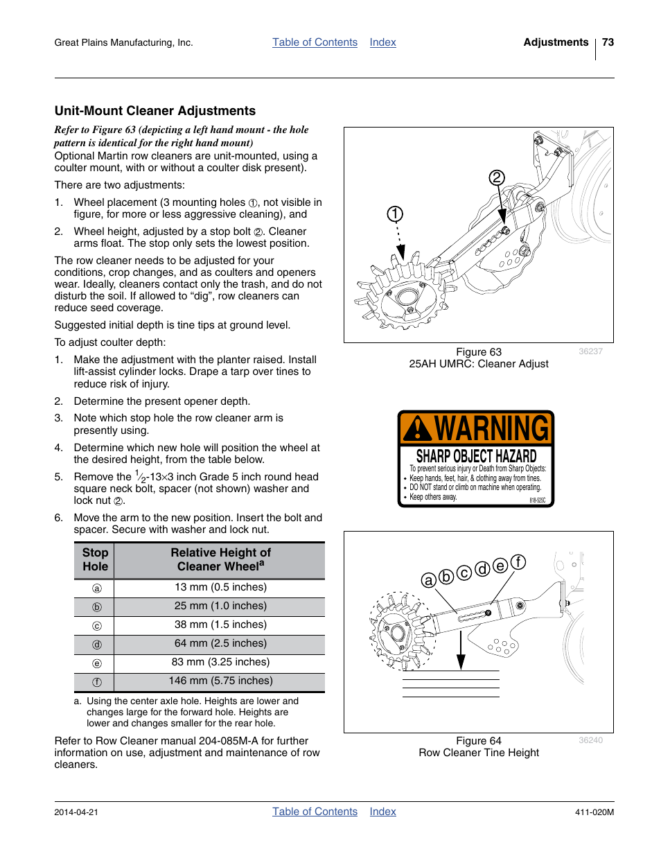 Unit-mount cleaner adjustments, Warning, Sharp object hazard | Great Plains 1625AHL Operator Manual User Manual | Page 77 / 176