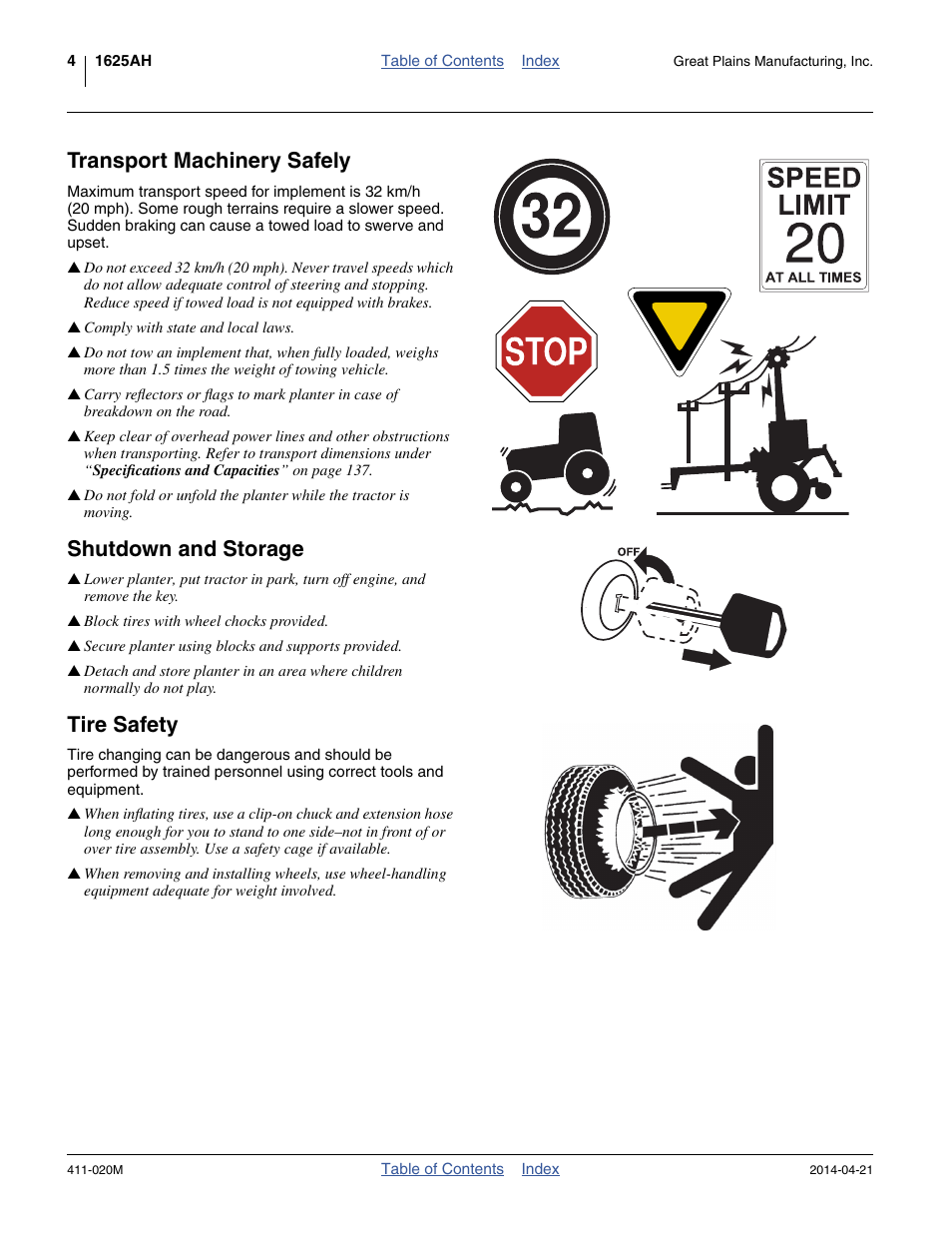 Transport machinery safely, Shutdown and storage, Tire safety | Great Plains 1625AHL Operator Manual User Manual | Page 8 / 176