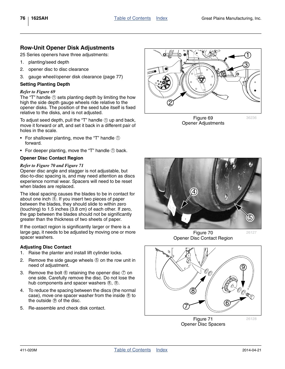 Row-unit opener disk adjustments, Setting planting depth, Opener disc contact region | Adjusting disc contact | Great Plains 1625AHL Operator Manual User Manual | Page 80 / 176