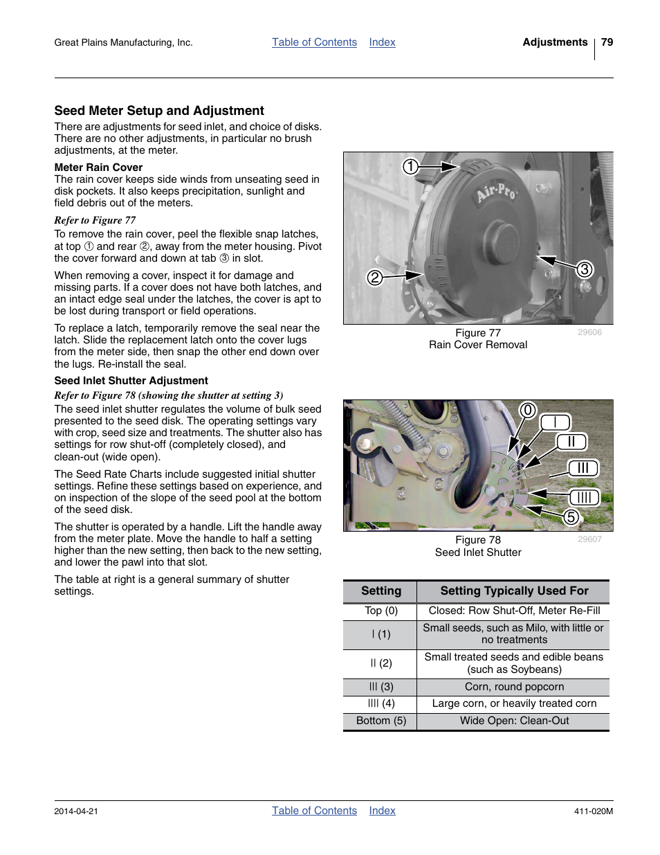 Seed meter setup and adjustment, Meter rain cover, Seed inlet shutter adjustment | Meter rain cover seed inlet shutter adjustment, 0| ii iii |||| 5 | Great Plains 1625AHL Operator Manual User Manual | Page 83 / 176
