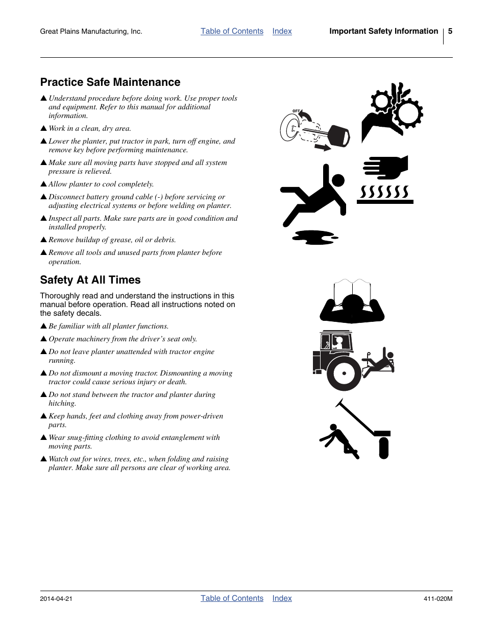 Practice safe maintenance, Safety at all times | Great Plains 1625AHL Operator Manual User Manual | Page 9 / 176