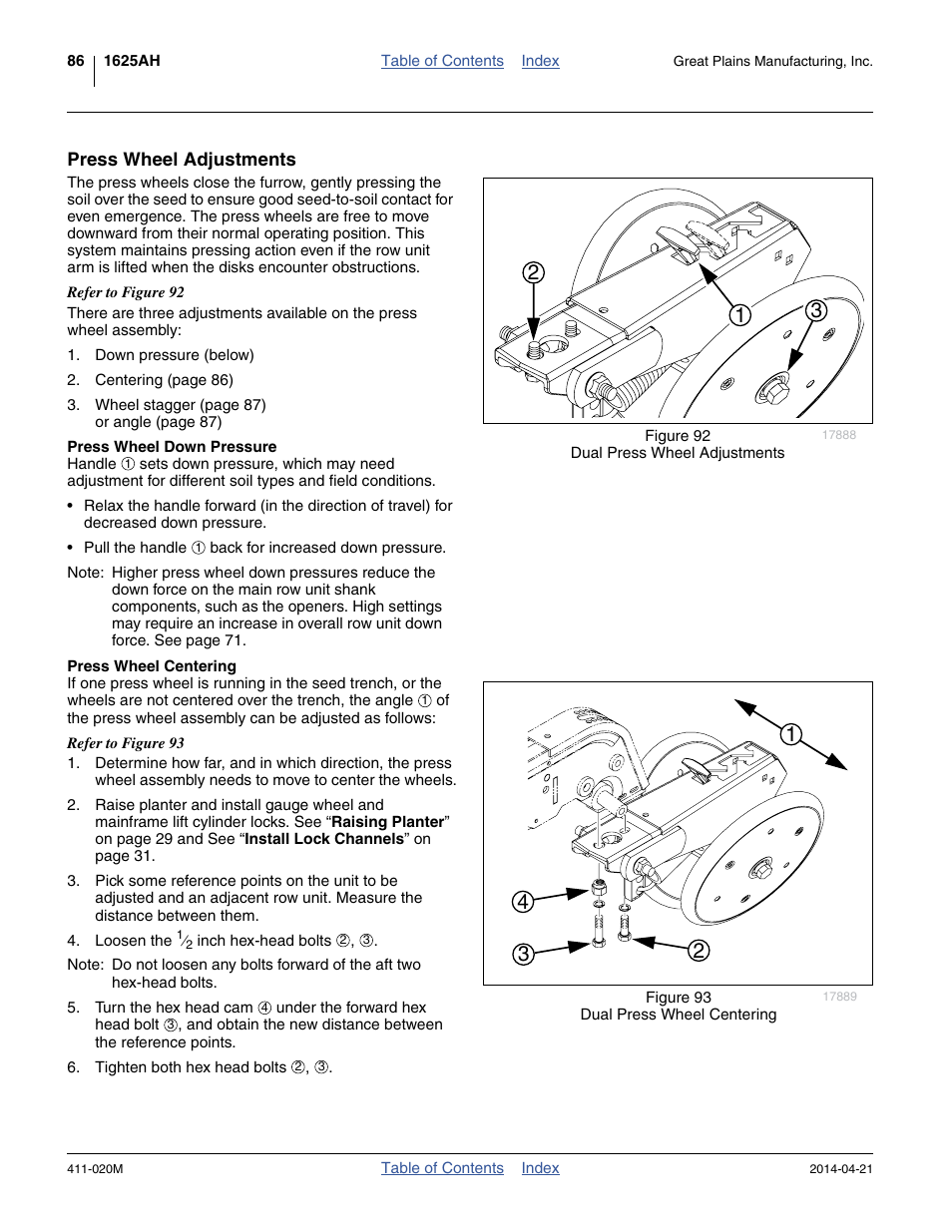 Press wheel adjustments, Press wheel down pressure, Press wheel centering | Press wheel down pressure press wheel centering | Great Plains 1625AHL Operator Manual User Manual | Page 90 / 176