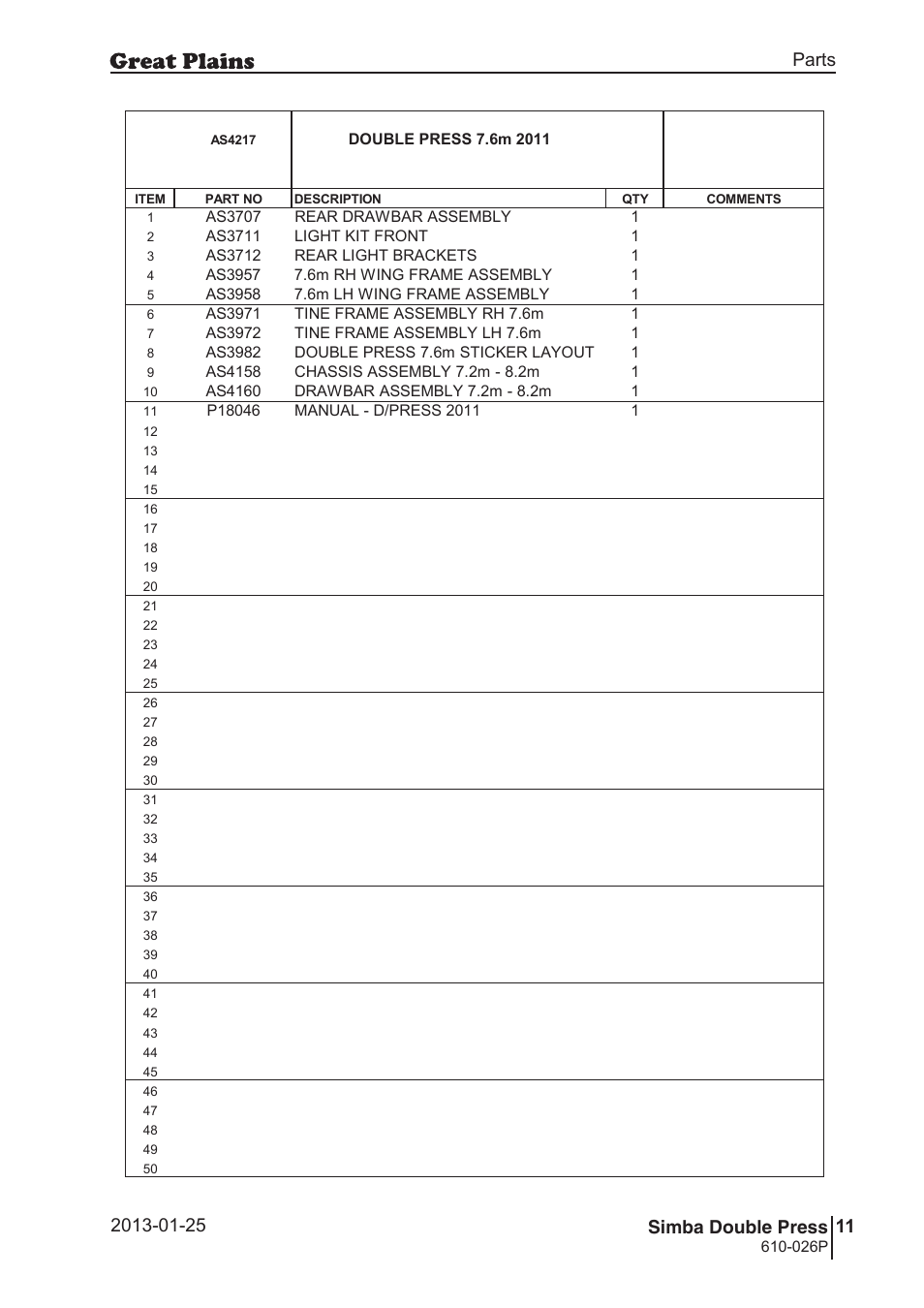 Double press, 46 7. parts and assembly, Aas 42 17 | 47 double press, Parts and assembly, Parts 11 simba double press, Operating instructions, 026p | Great Plains Simba Double Press Operator Manual User Manual | Page 11 / 100