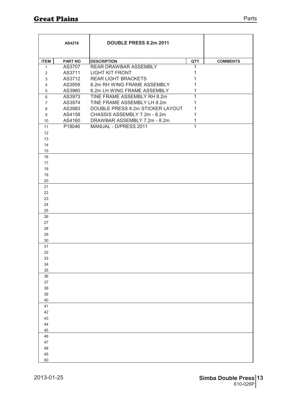 Double press, 48 7. parts and assembly, Aas 42 18 | 49 double press, Parts and assembly, Parts 13 simba double press, Operating instructions, 026p | Great Plains Simba Double Press Operator Manual User Manual | Page 13 / 100